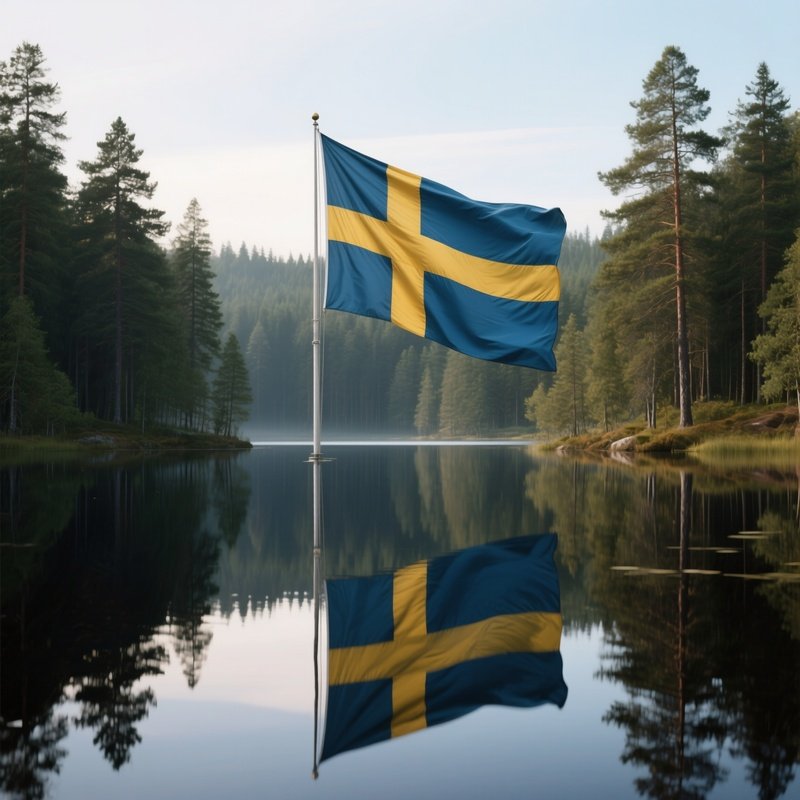 A Photorealistic Swedish Flag Rising Against A Backdrop Of Quiet Pine Forest And Mirrored Lake Water.