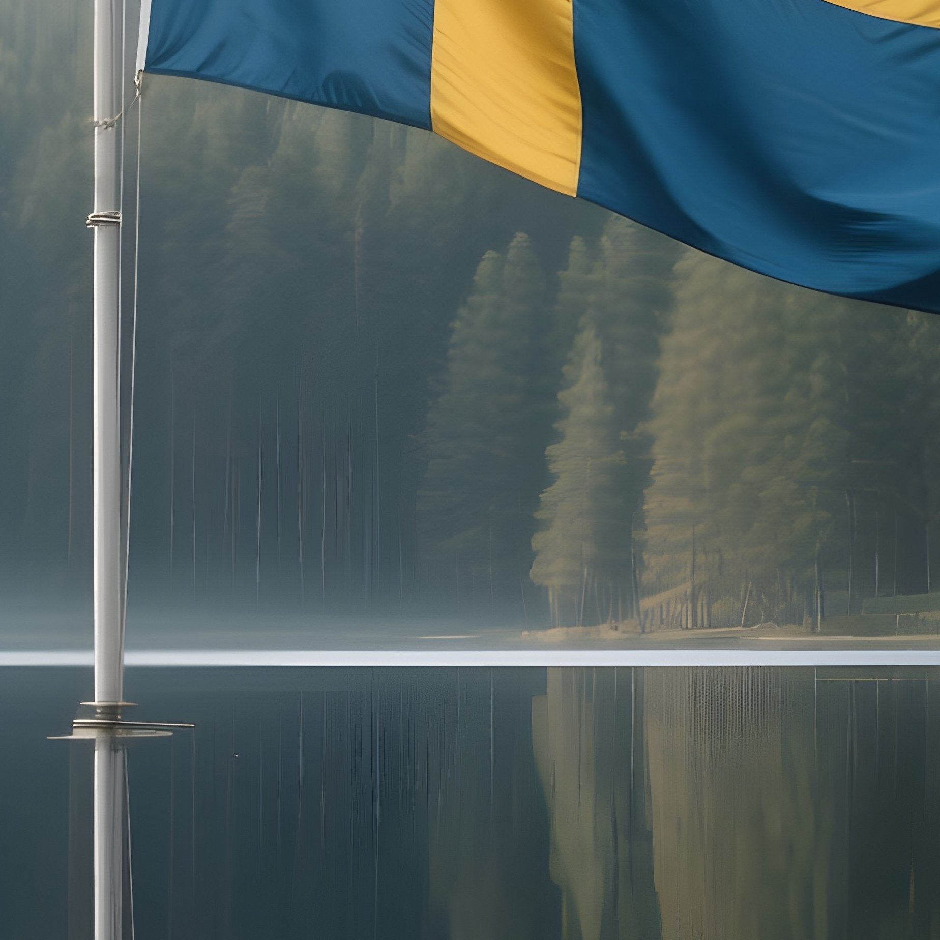 A Photorealistic Swedish Flag Rising Against A Backdrop Of Quiet Pine Forest And Mirrored Lake Water. - Full Resolution Quality Preview