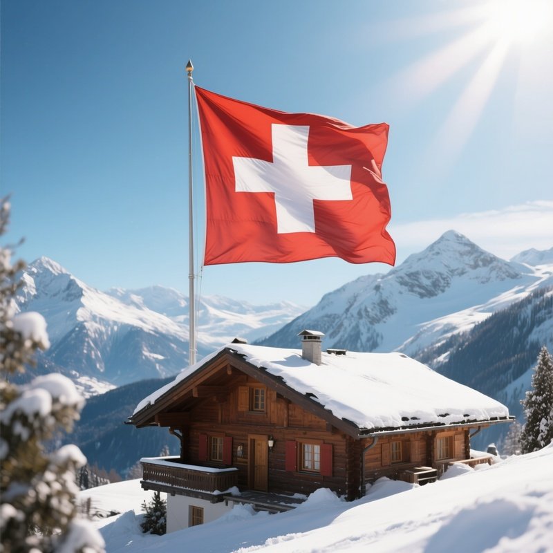 A Photorealistic Swiss Flag Waving Sharply Atop A Snowy Alpine Chalet With Bright Sunlight On The Mountains.