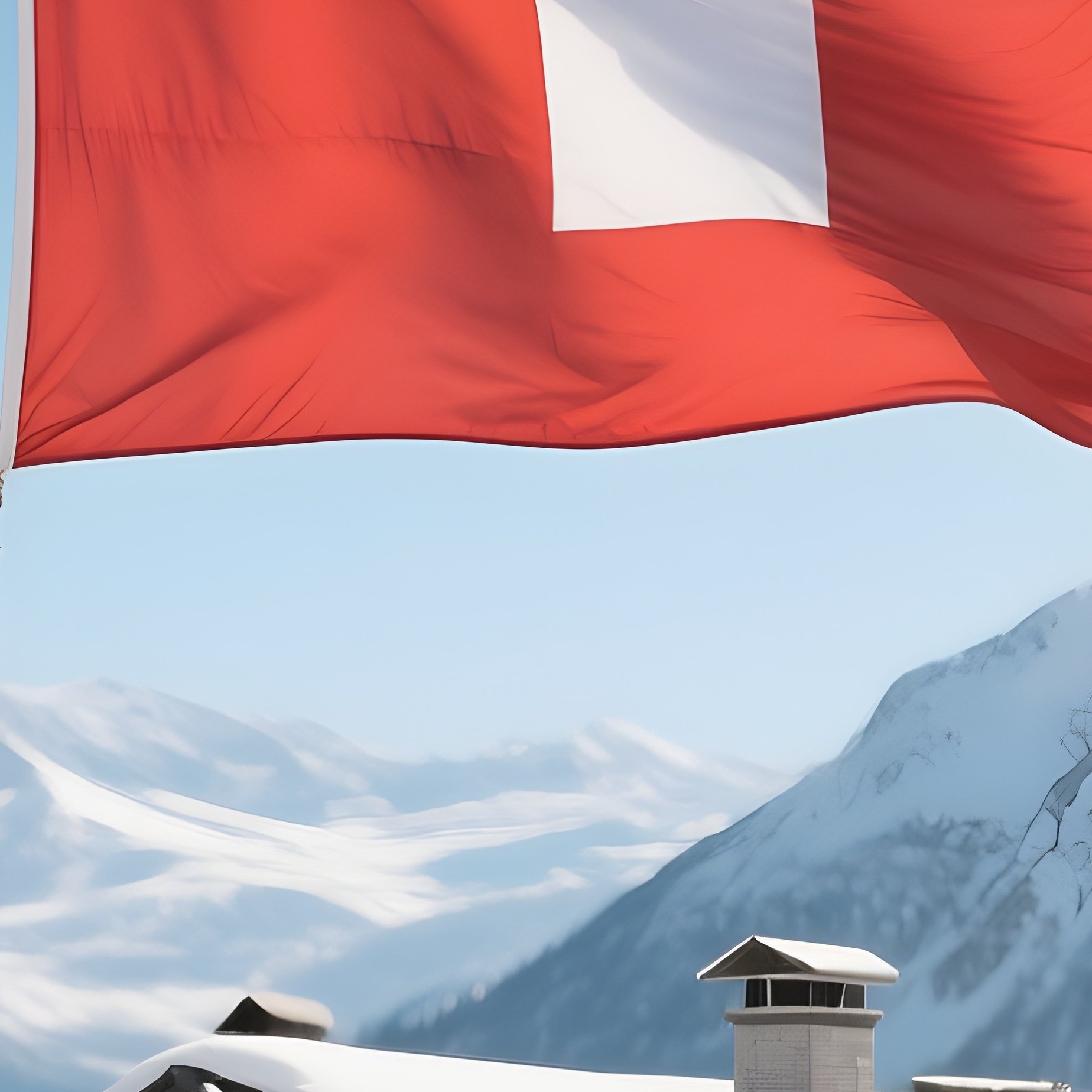 A Photorealistic Swiss Flag Waving Sharply Atop A Snowy Alpine Chalet With Bright Sunlight On The Mountains. - Full Resolution Quality Preview