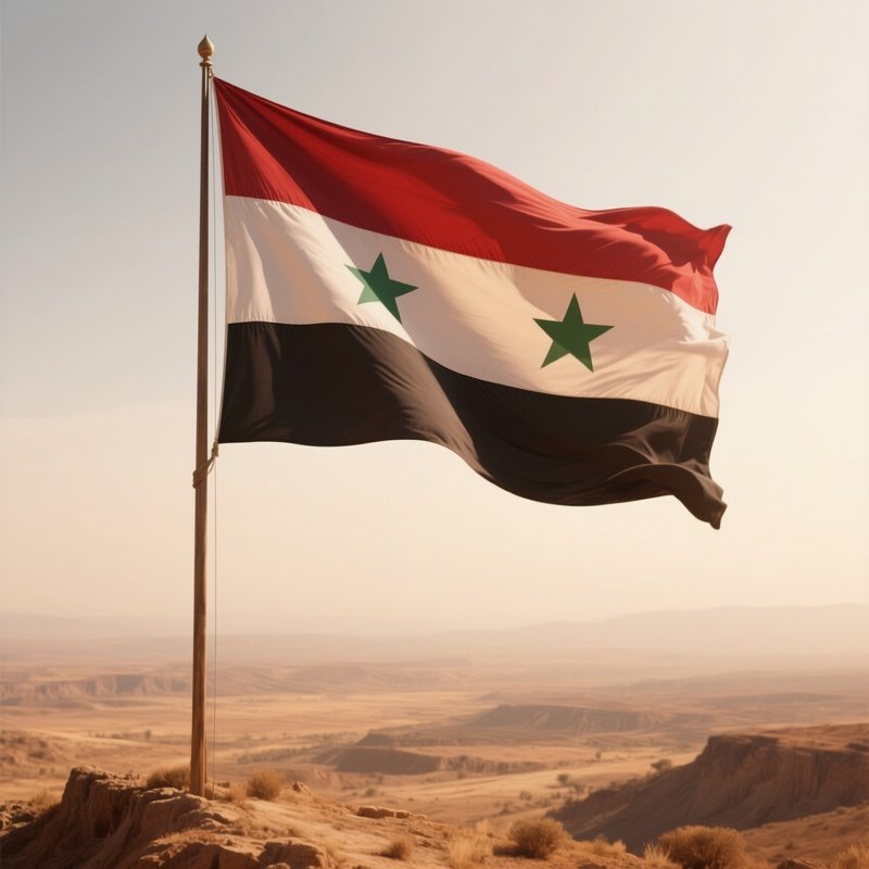 A Photorealistic Syrian Flag Waving Steadily Above A Dry Plateau In Warm Haze.