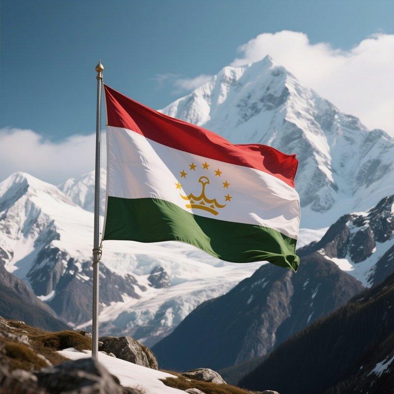 A Photorealistic Tajik Flag Fluttering Near Dramatic Snow Capped Mountains.