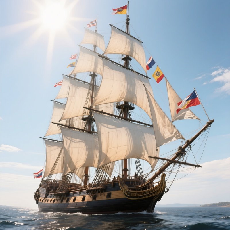 A Photorealistic Tall Mast Ship With Multiple Flags Billowing In Perfect Formation Under Bright Sun.