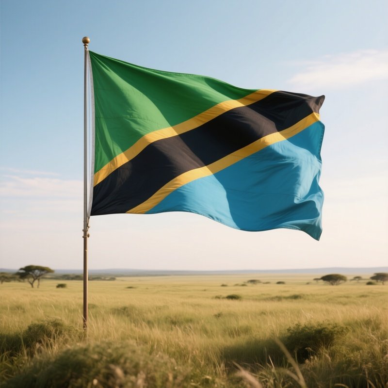 A Photorealistic Tanzanian Flag Waving Over Wide Open Grasslands.