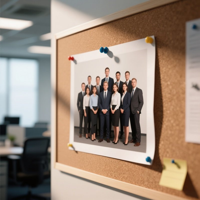 A Photorealistic Team Photo Pinned To A Corkboard With Soft Shadows And Blurred Office Movement Behind It.