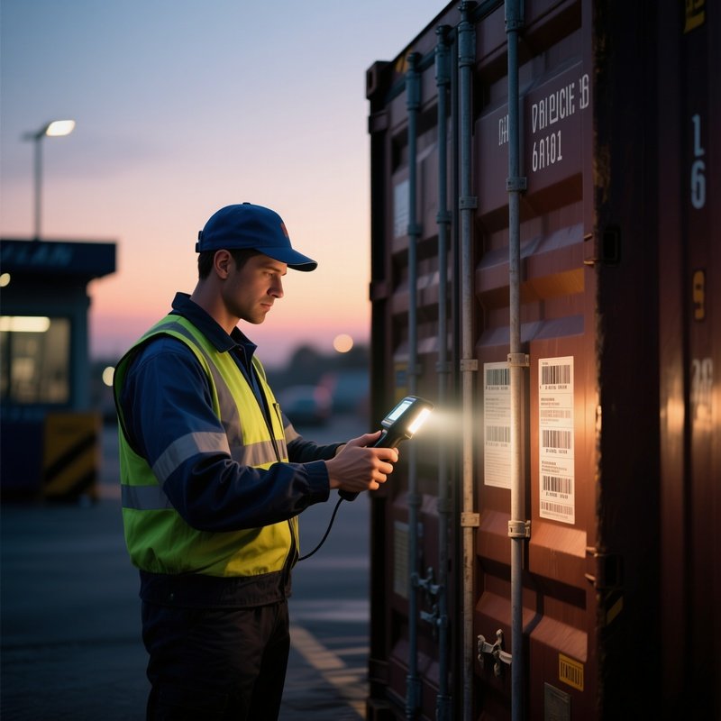 A Photorealistic Terminal Worker Scanning Container Ids Under The Glow Of Handheld Device Lights At Dusk.