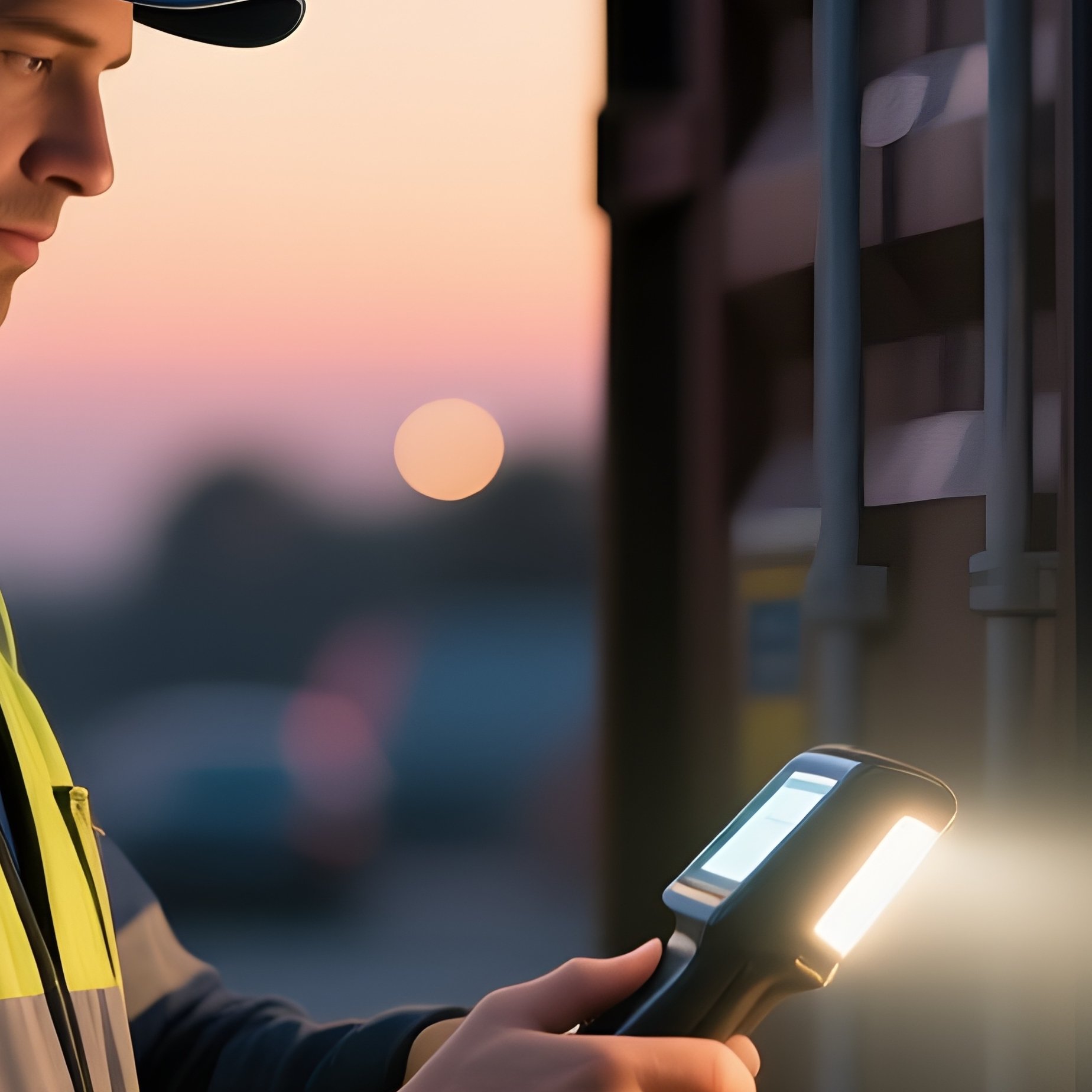 A Photorealistic Terminal Worker Scanning Container Ids Under The Glow Of Handheld Device Lights At Dusk. - Full Resolution Quality Preview
