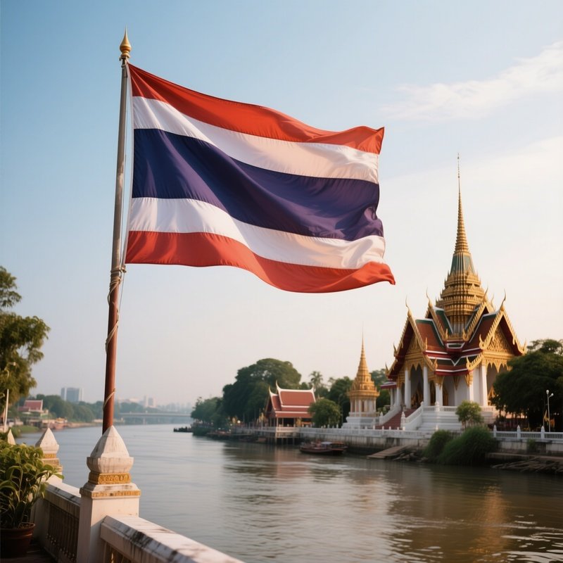 A Photorealistic Thai Flag Fluttering Near A Riverside Temple.