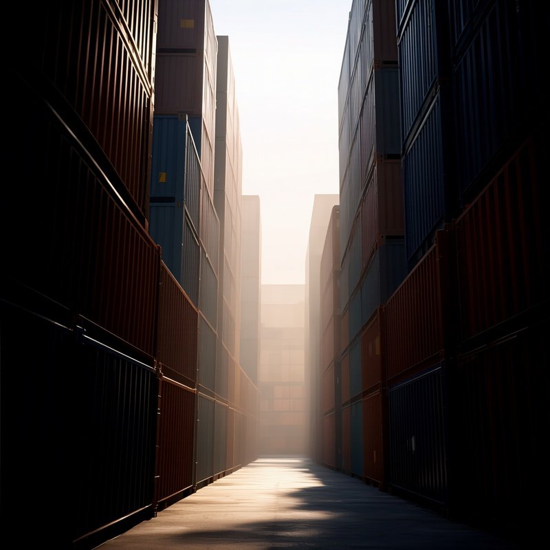 A Photorealistic Tight Alley Between Tall Stacks Of Containers With Soft Ambient Light Filtering Through.