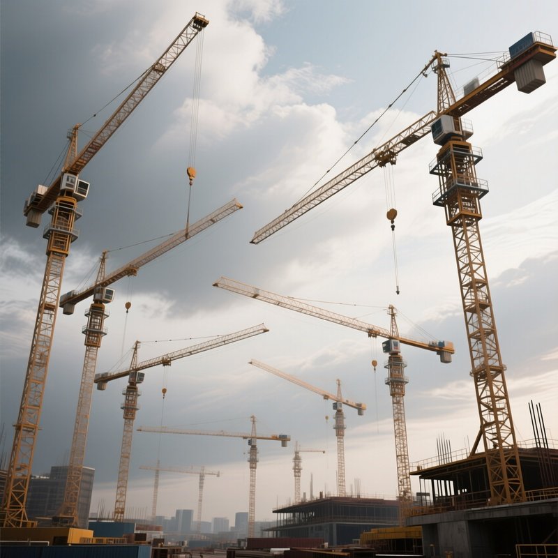 A Photorealistic Time Lapse Feeling Scene Of Multiple Cranes Moving In Harmony Against A Cloudy Sky.