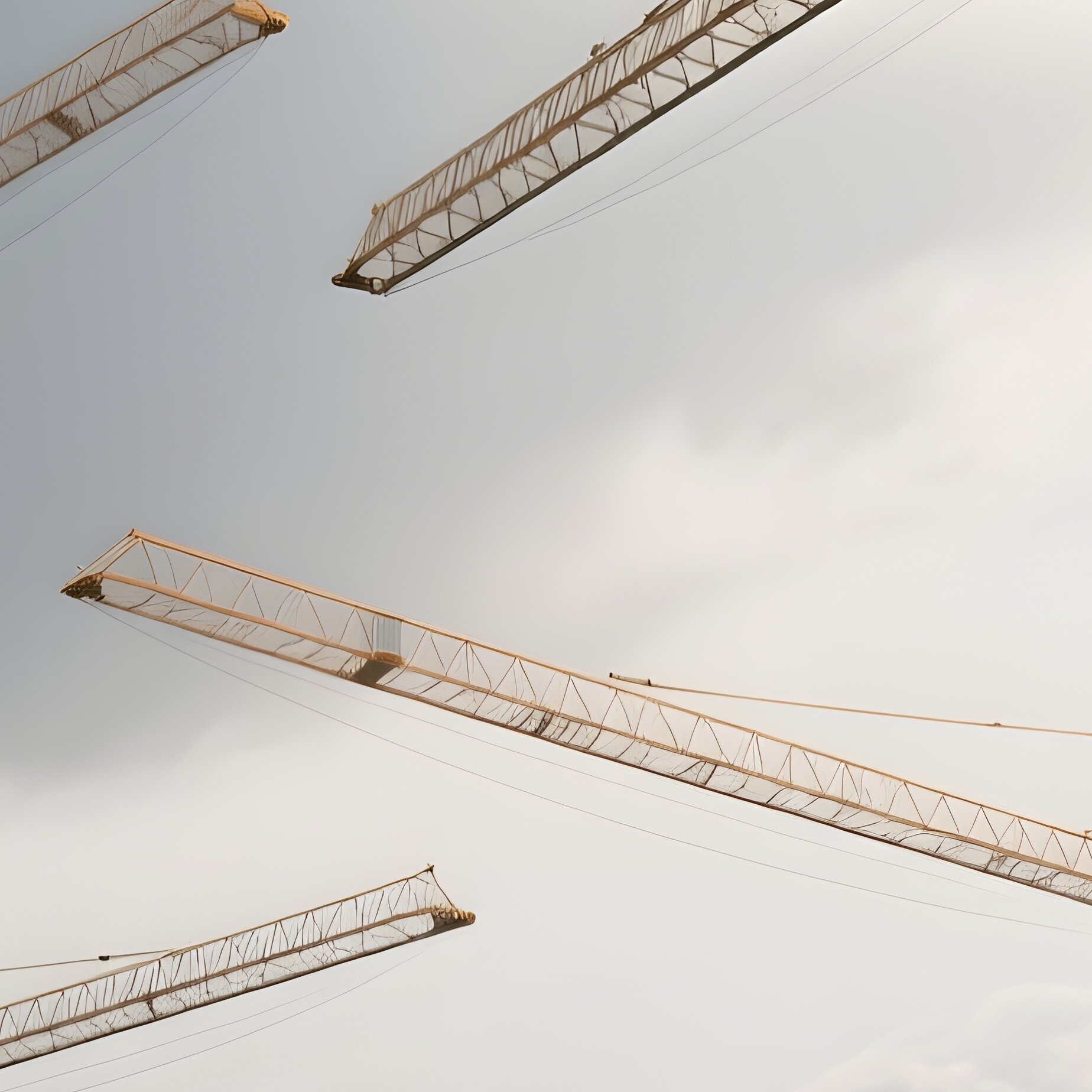 A Photorealistic Time Lapse Feeling Scene Of Multiple Cranes Moving In Harmony Against A Cloudy Sky. - Full Resolution Quality Preview