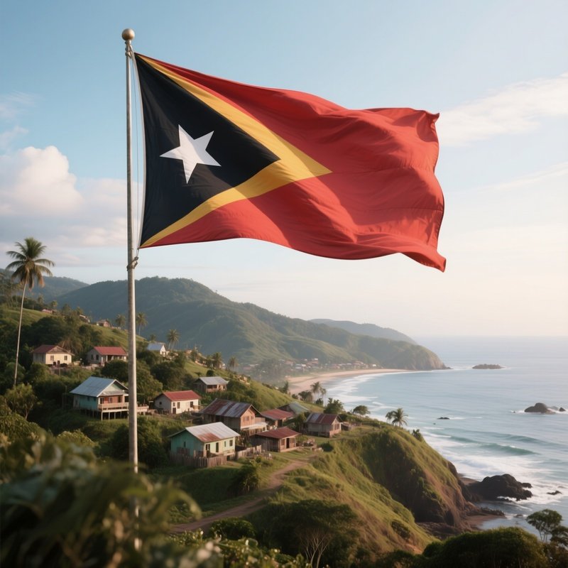 A Photorealistic Timor Leste Flag Waving Above A Coastal Hillside Village.