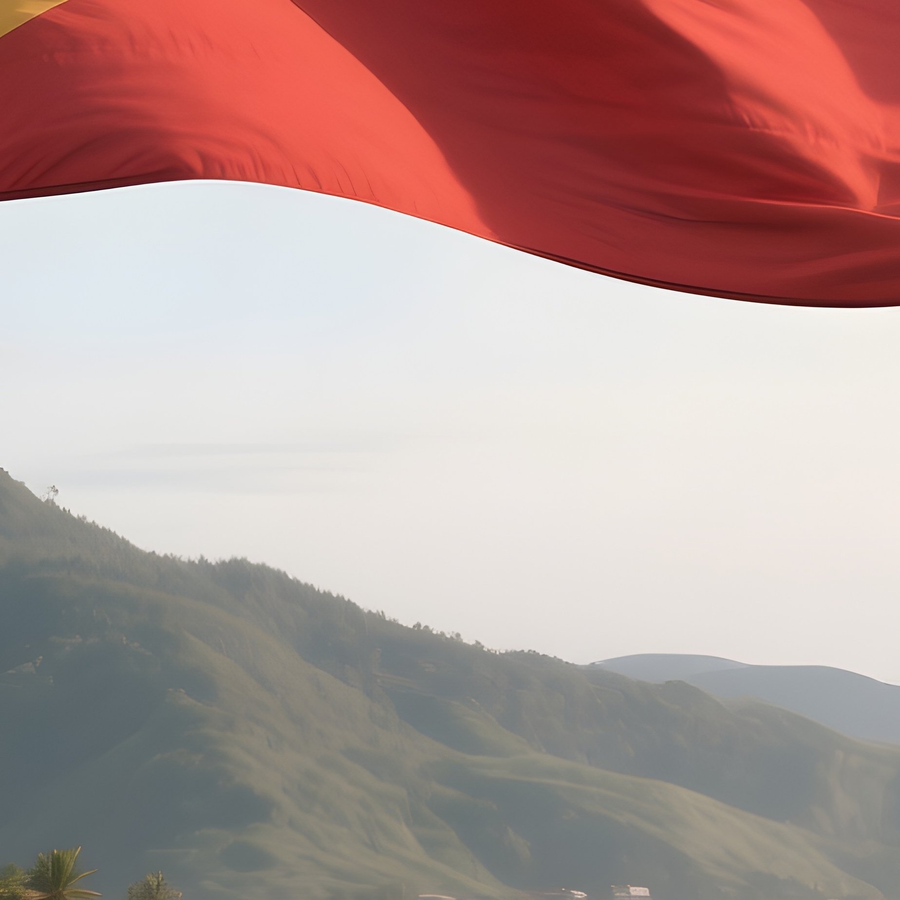 A Photorealistic Timor Leste Flag Waving Above A Coastal Hillside Village. - Full Resolution Quality Preview
