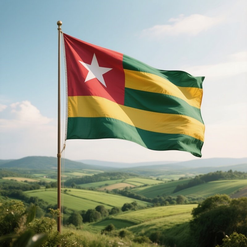 A Photorealistic Togolese Flag Fluttering Near Rolling Green Countryside.