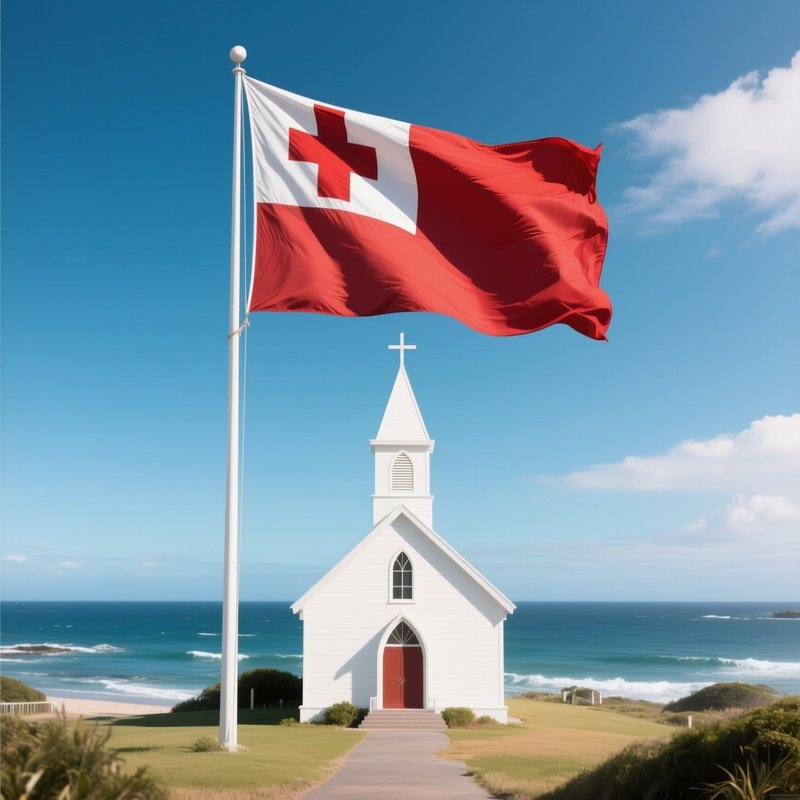 A Photorealistic Tongan Flag Waving Above A White Church Near The Ocean.