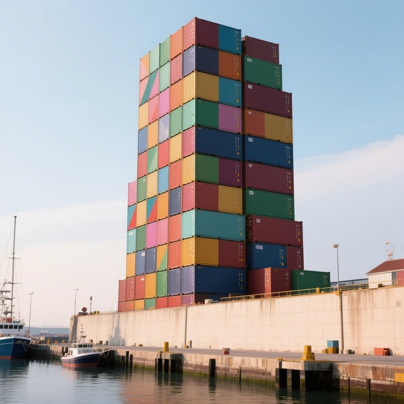 A Photorealistic Towering Stack Of Containers Forming Colorful Geometric Patterns Beside A Quiet Harbor Wall.