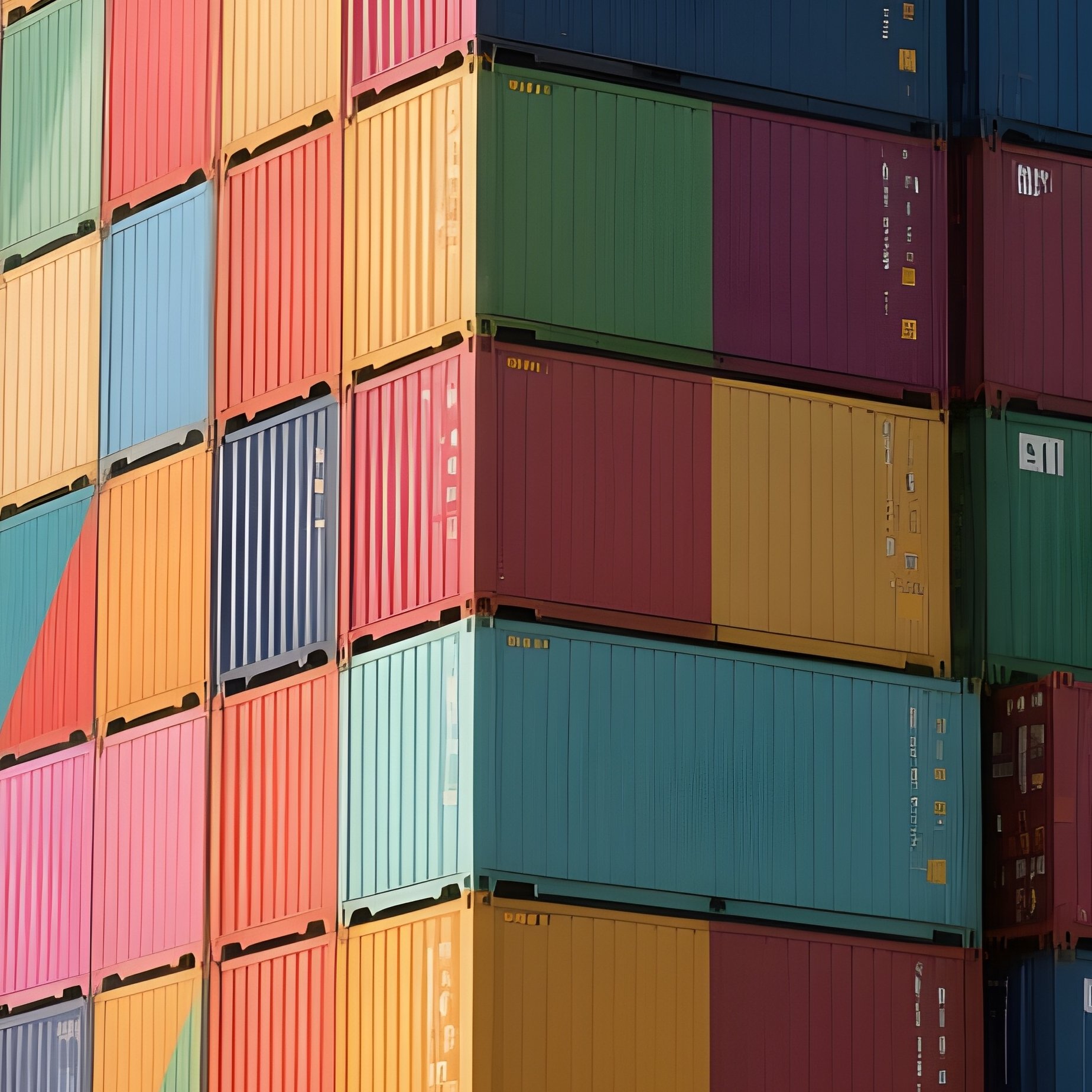 A Photorealistic Towering Stack Of Containers Forming Colorful Geometric Patterns Beside A Quiet Harbor Wall. - Full Resolution Quality Preview