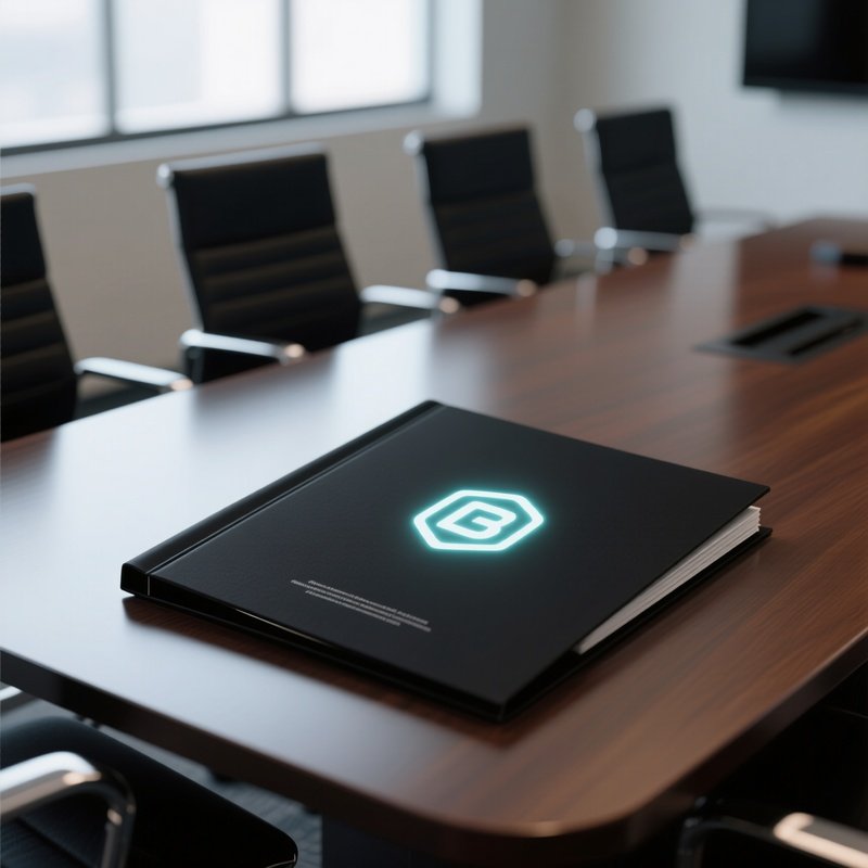 A Photorealistic Trademark Symbol Glowing Subtly On A Sleek Black Presentation Folder In A Corporate Boardroom.