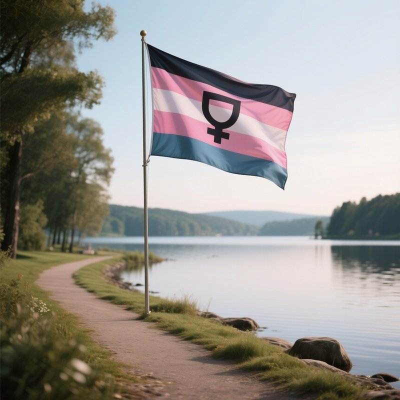 A Photorealistic Transfeminine Flag Fluttering Beside A Peaceful Lakeshore Path.