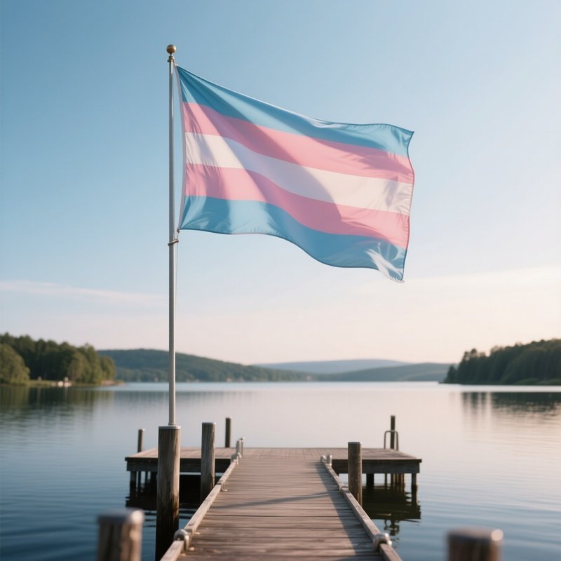 A Photorealistic Transgender Flag Waving Gently Above A Calm Lakeside Pier.