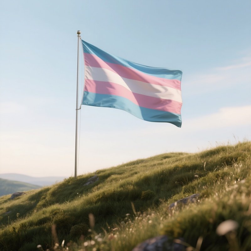 A Photorealistic Trigender Flag Waving Above A Grassy Hillside Viewpoint.