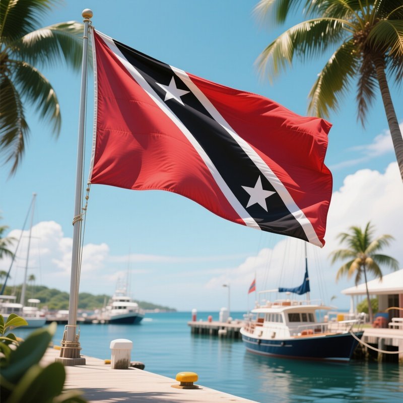 A Photorealistic Trinidad And Tobago Flag Fluttering Near A Tropical Harbor.