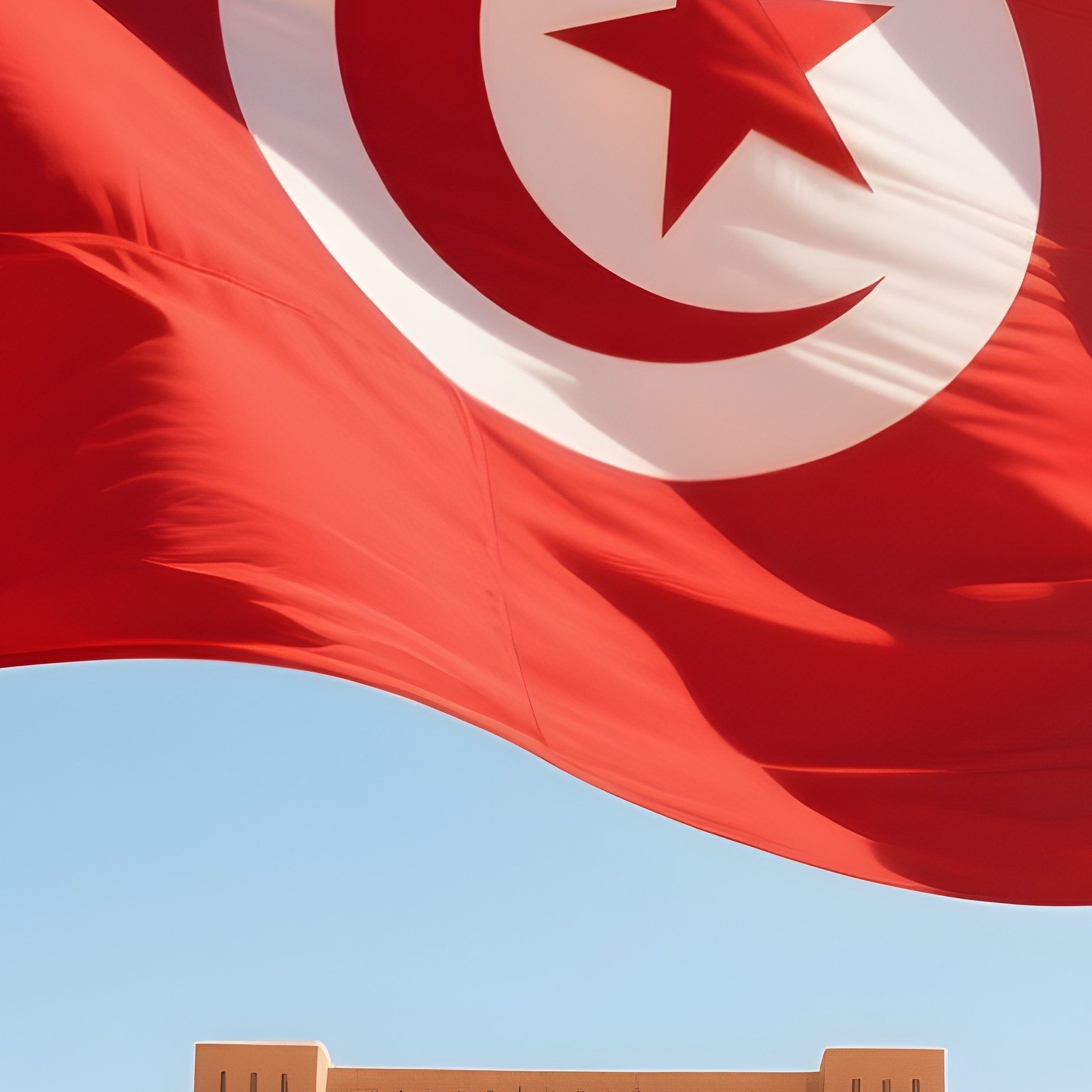 A Photorealistic Tunisian Flag Waving Under Bright Sun Near A Desert Gateway. - Full Resolution Quality Preview