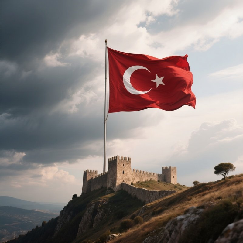 A Photorealistic Turkish Flag Waving At The Edge Of A Hilltop Fortress With Dramatic Clouds.