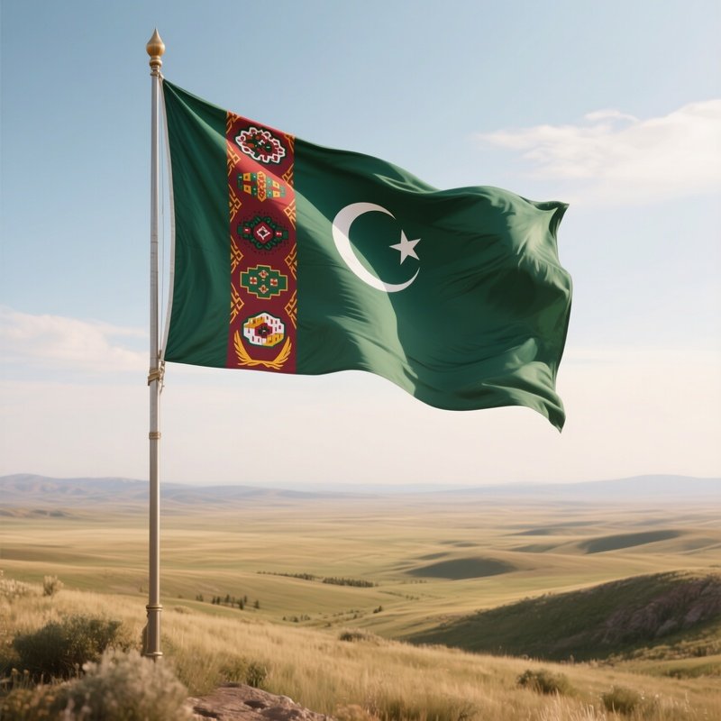 A Photorealistic Turkmen Flag Fluttering Near A Wide Open Steppe Landscape.