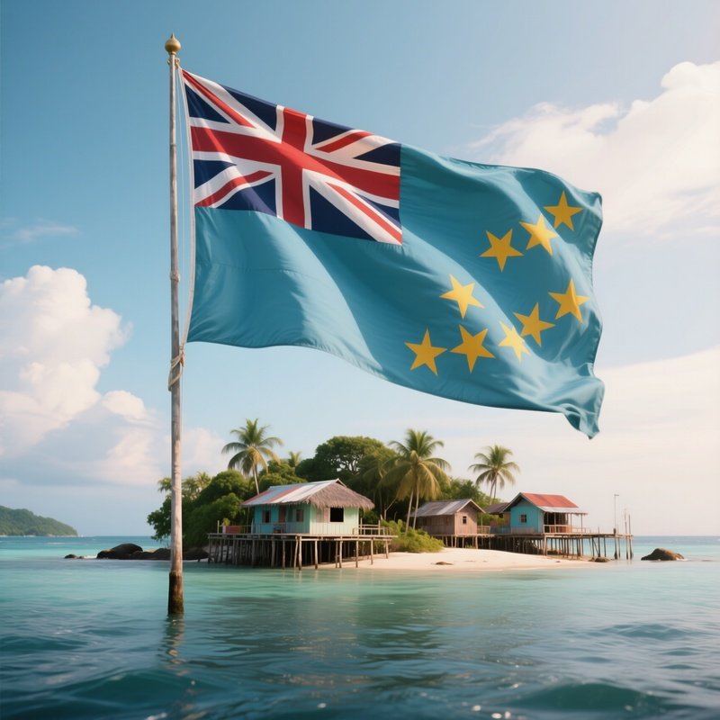 A Photorealistic Tuvaluan Flag Waving Beside A Small Island Village On Stilts.