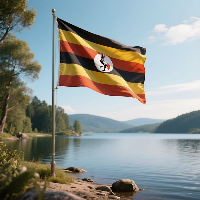 A Photorealistic Ugandan Flag Fluttering Beside A Scenic Lakeshore.