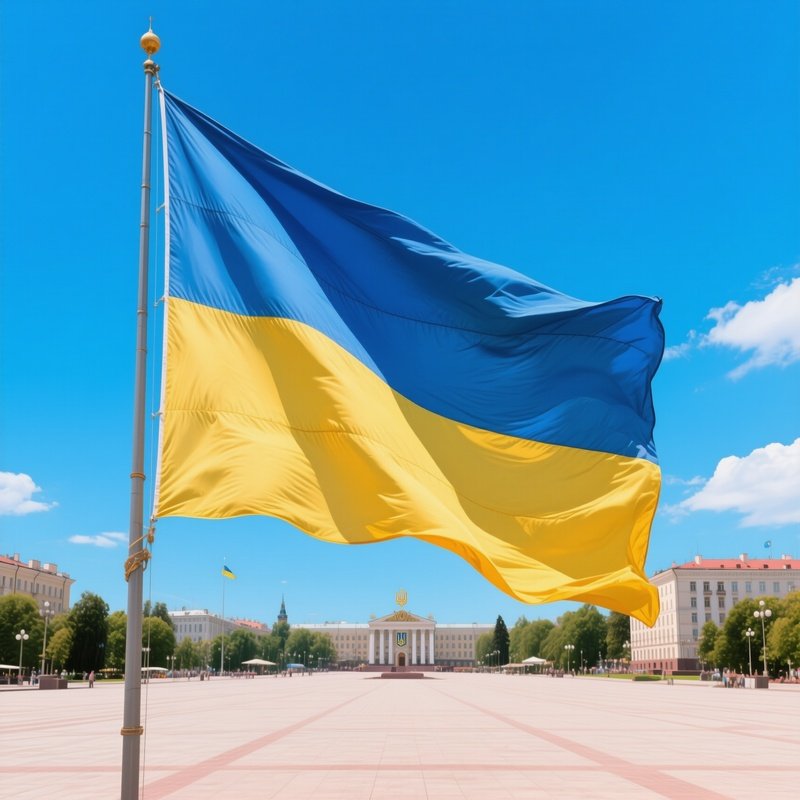 A Photorealistic Ukrainian Flag Waving Over A Large Open Square In Bright Blue Sky Conditions.