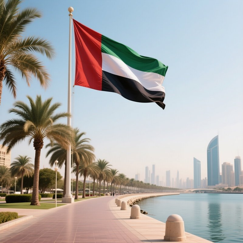 A Photorealistic United Arab Emirates Flag Rising Beside A Waterfront Promenade Lined With Palm Trees.