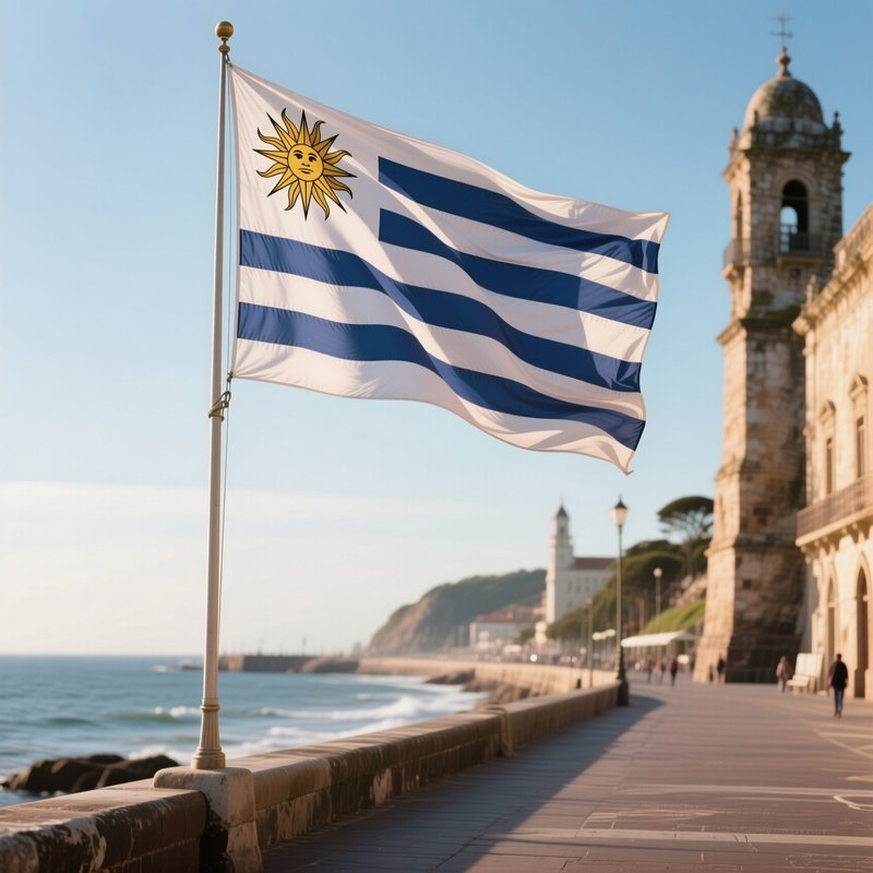 A Photorealistic Uruguayan Flag Waving Near A Historic Coastal Promenade.