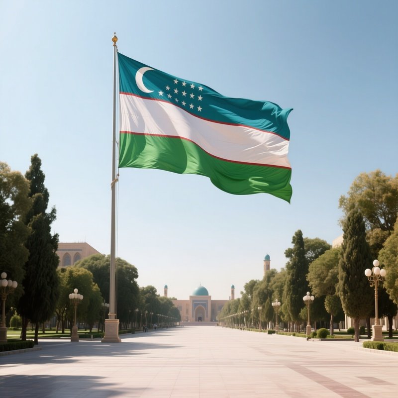 A Photorealistic Uzbek Flag Fluttering Above A Broad Plaza Lined With Trees.