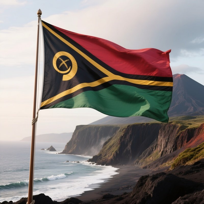 A Photorealistic Vanuatuan Flag Waving Near A Coastline With Volcanic Cliffs.