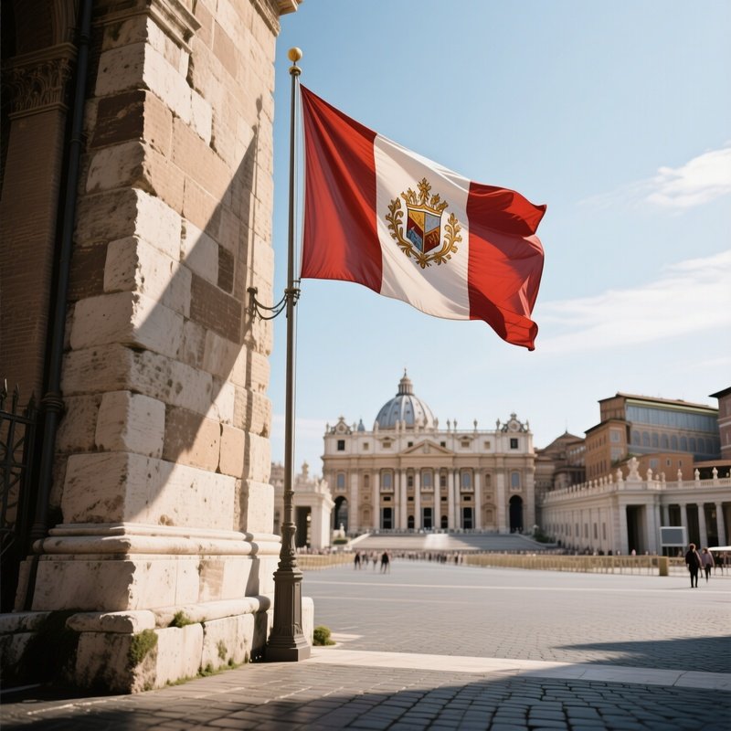 A Photorealistic Vatican Flag Fluttering Beside The Stone Walls Of A Historic Square.