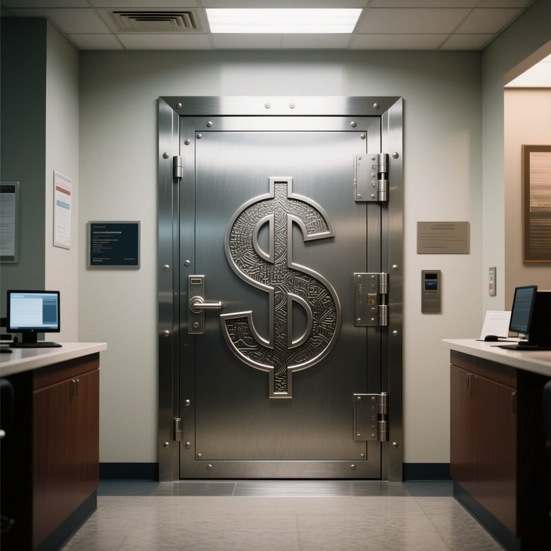 A Photorealistic Vault Door Etched With A Dollar Symbol Photographed Inside A Bank Interior.