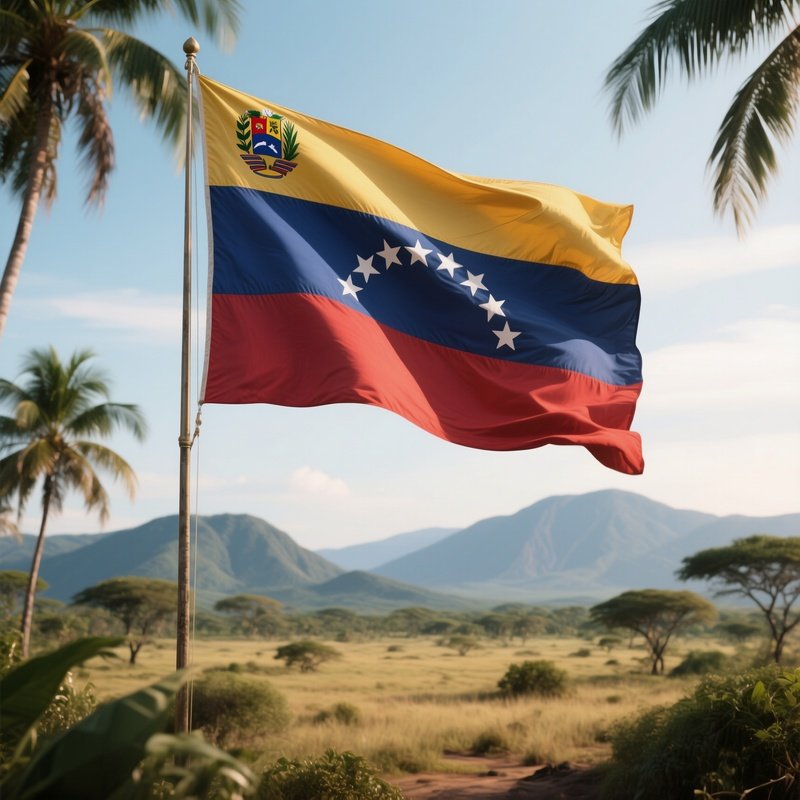 A Photorealistic Venezuelan Flag Waving Over A Tropical Savannah With Distant Mountains.