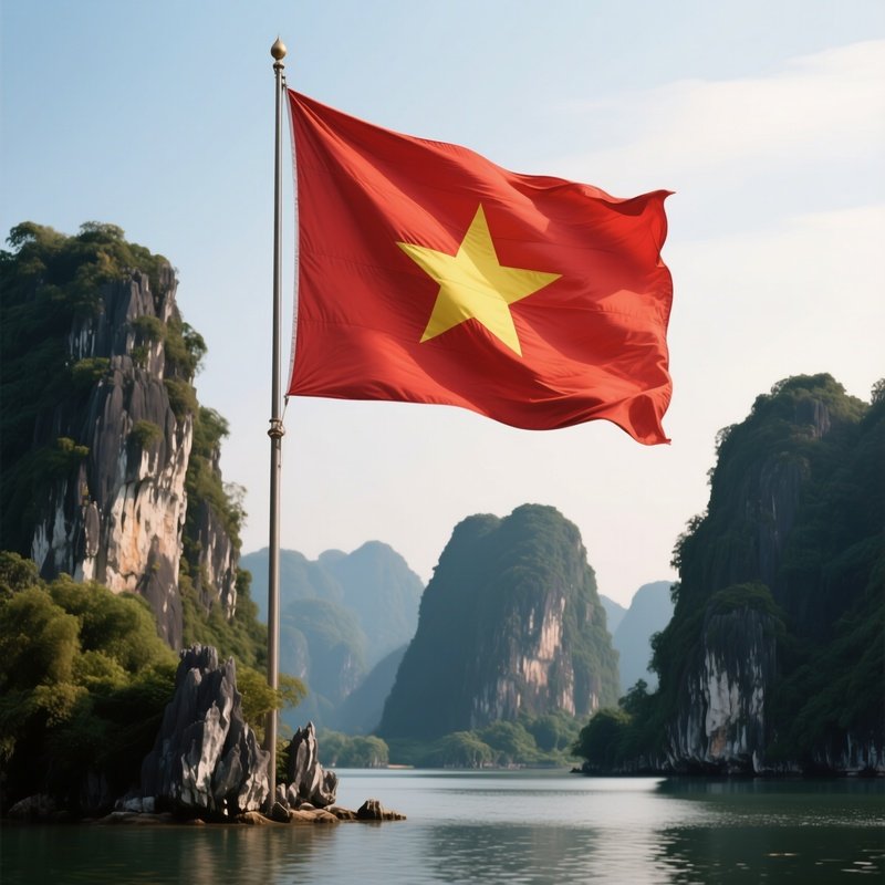 A Photorealistic Vietnamese Flag Fluttering Near Limestone Karst Formations.