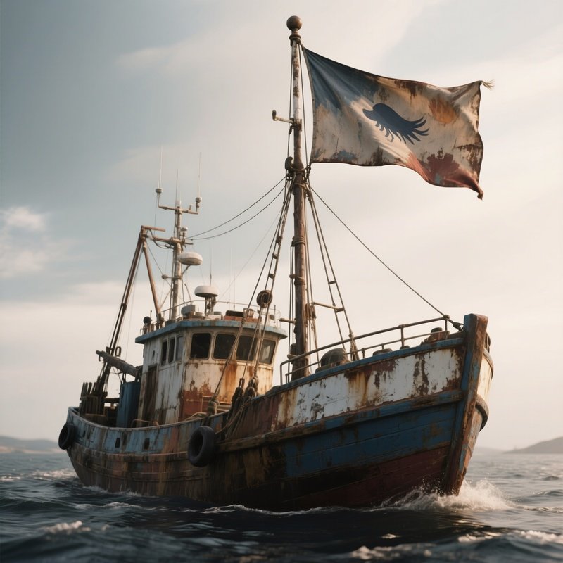 A Photorealistic Weathered Ship Flag Flapping Above A Rugged Fishing Trawler.