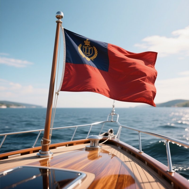 A Photorealistic Yacht Club Burgee Fluttering Above Polished Deck Wood.