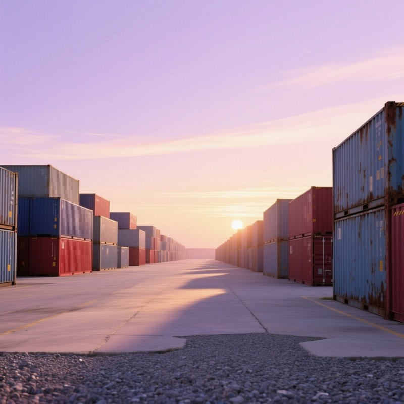 A Photorealistic Yard Of Containers Stretching To The Horizon Under A Soft Pastel Evening Sky