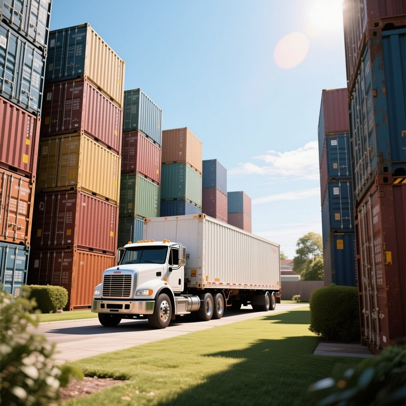 A Photorealistic Yard Truck Pulling A Container Trailer Through A Maze Of Towering Stacks Under Bright Midday Heat.