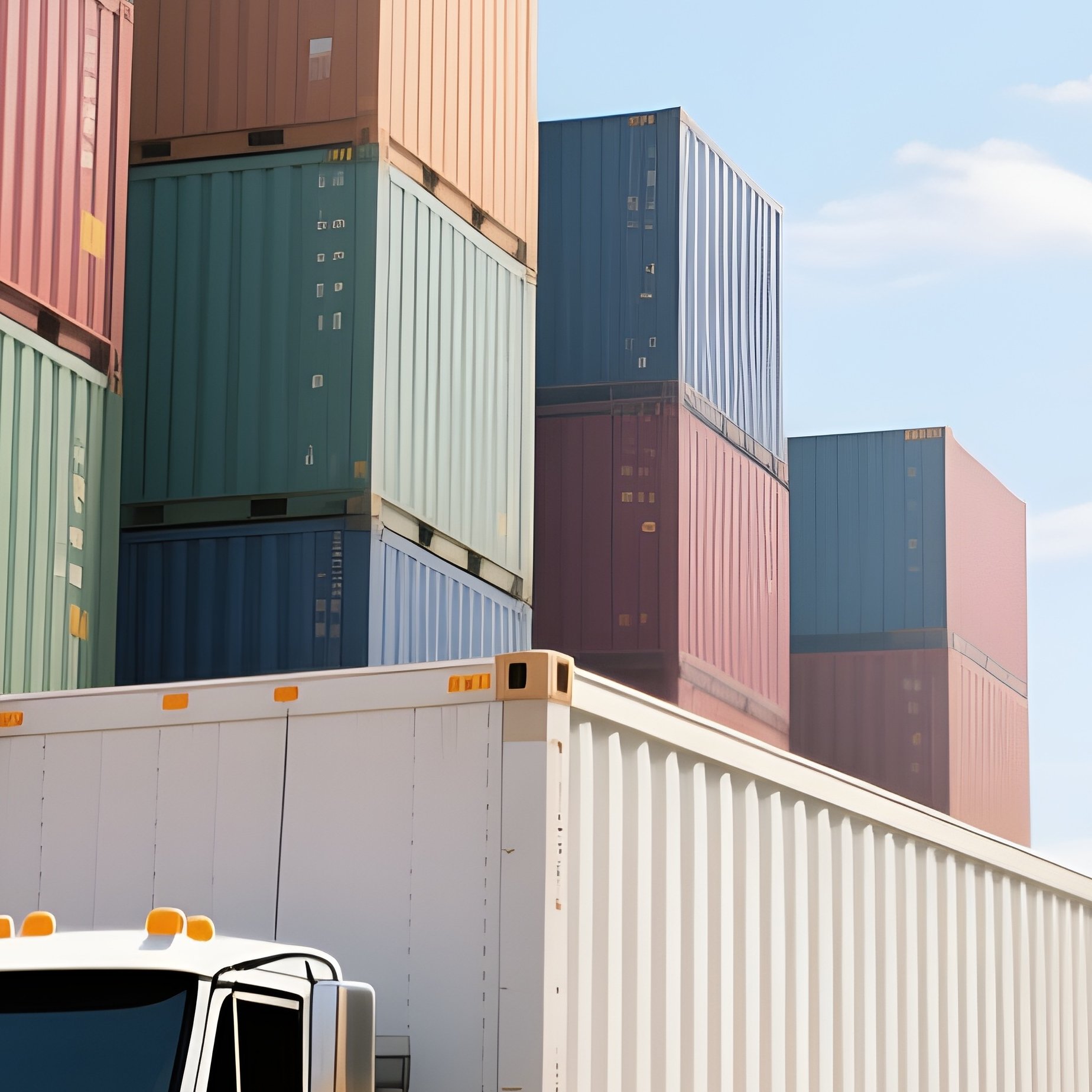 A Photorealistic Yard Truck Pulling A Container Trailer Through A Maze Of Towering Stacks Under Bright Midday Heat. - Full Resolution Quality Preview