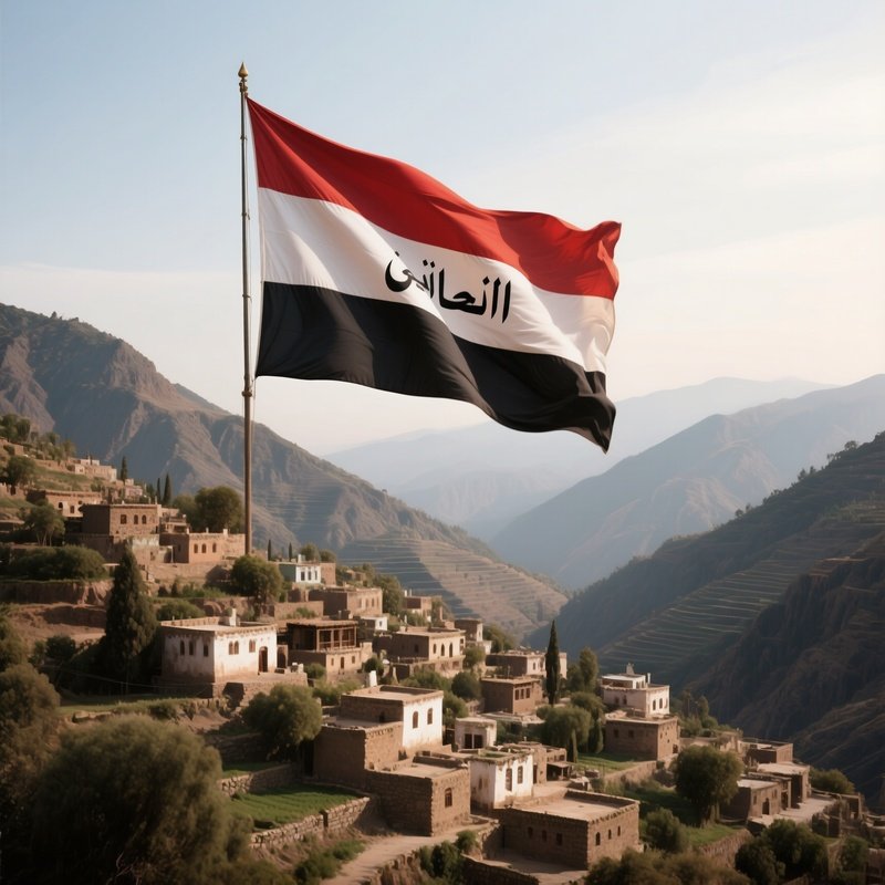 A Photorealistic Yemeni Flag Waving Above A Terraced Mountain Village.