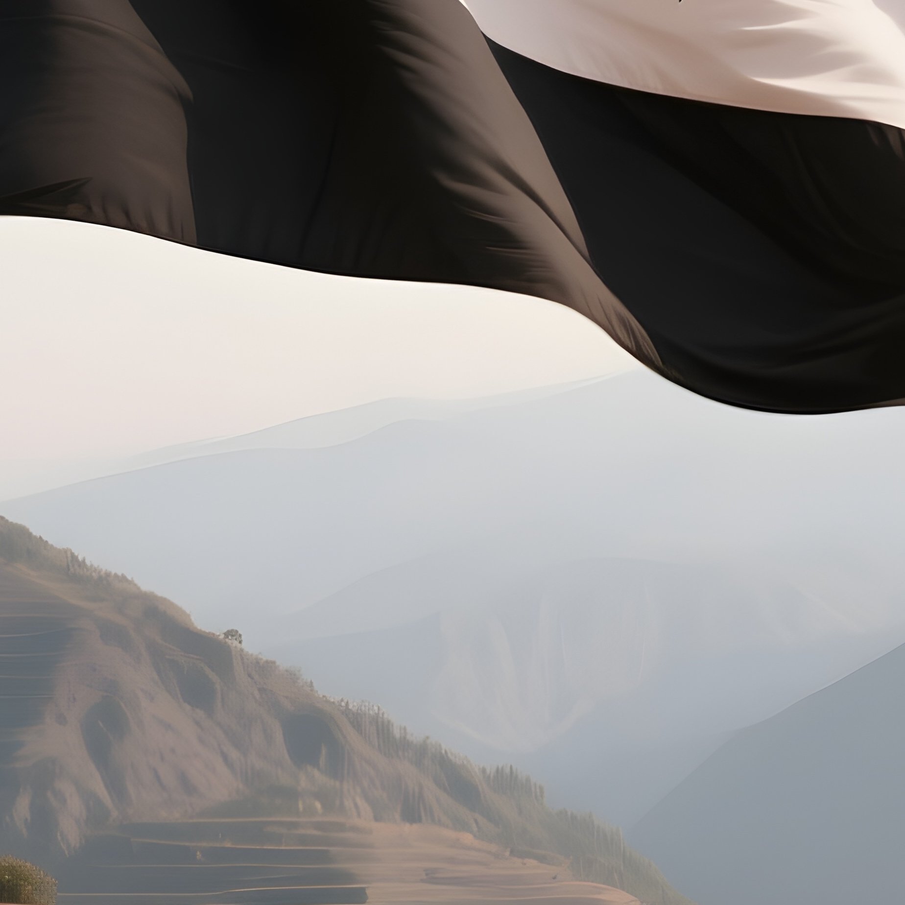A Photorealistic Yemeni Flag Waving Above A Terraced Mountain Village. - Full Resolution Quality Preview