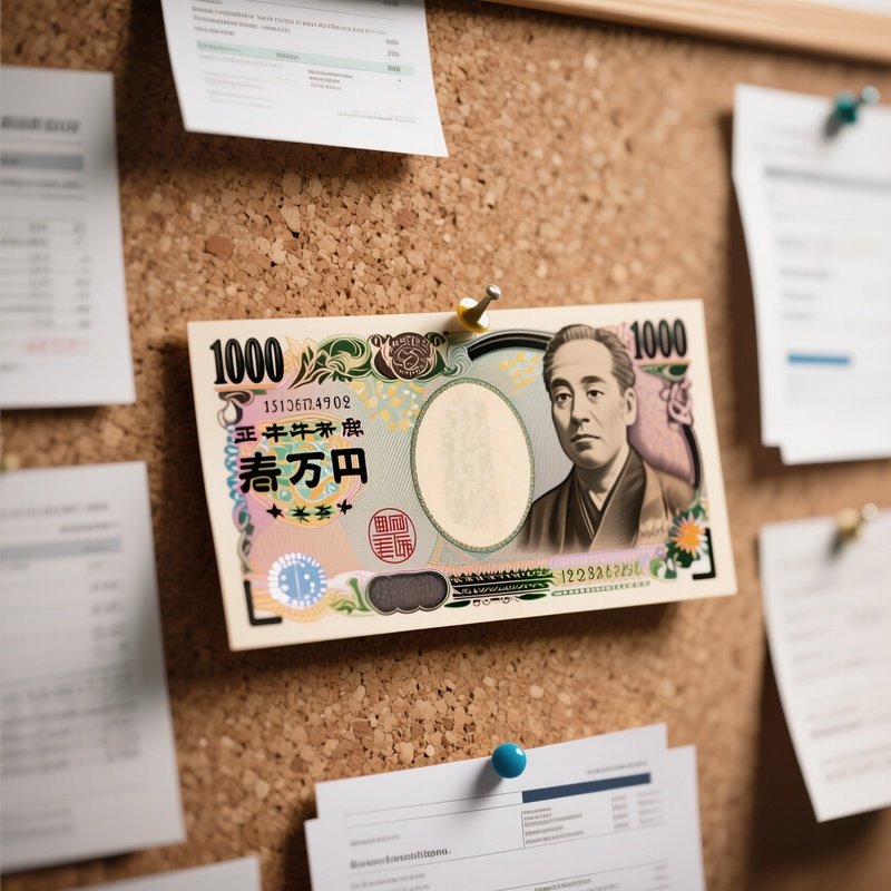 A Photorealistic Yen Banknote Pinned To A Corkboard With Travel Expense Documents.