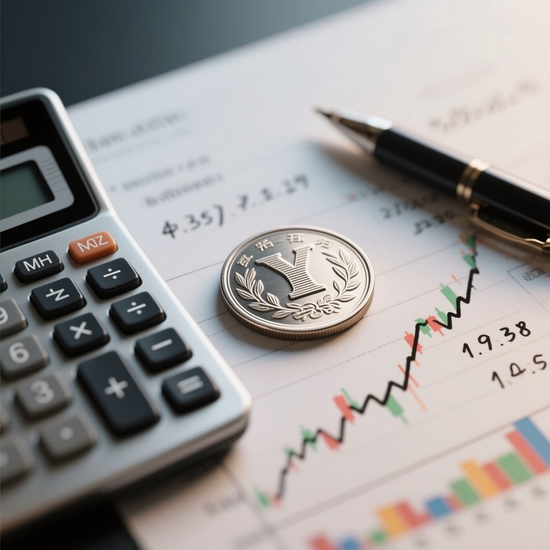 A Photorealistic Yen Coin Positioned Next To A Calculator And Handwritten Market Predictions.
