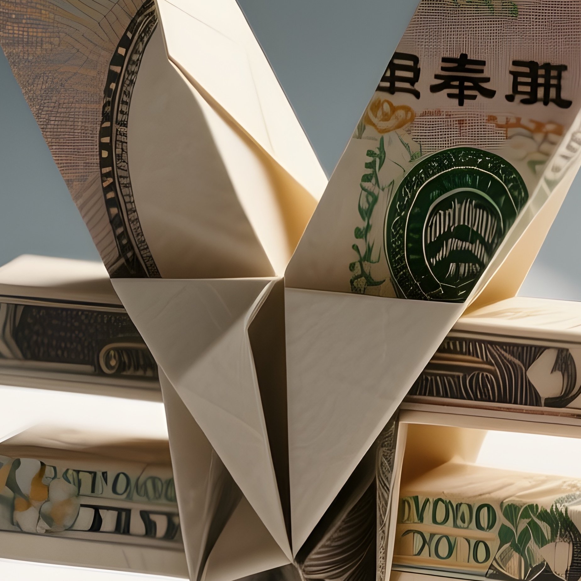 A Photorealistic Yen Symbol Folded Into Origami From A Paper Bank Statement. - Full Resolution Quality Preview